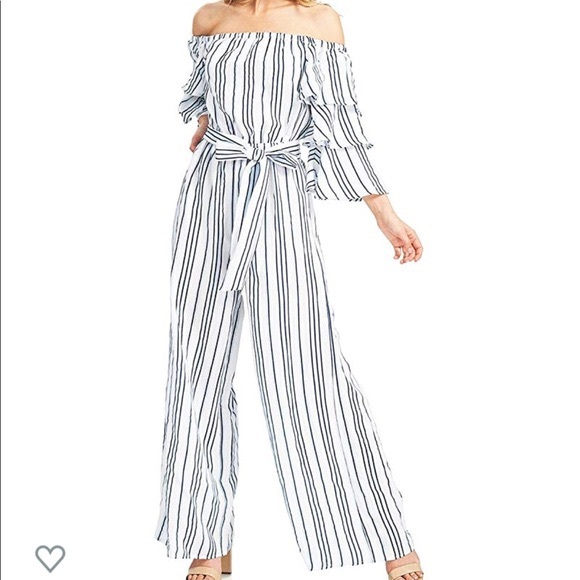 NWOT Flying Tomato Off-The-Shoulder Jumpsuit strip - Picture 2 of 8